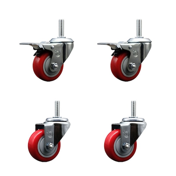 Service Caster 3 Inch Red Polyurethane Swivel 58 Inch Threaded Stem Caster Set 2 Total Lock Brakes SCC-TSTTL20S314-PPUB-RED-58212-2-S-2 - main